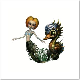 The friendship of the steampunk  mermaid and the seahorse. Posters and Art